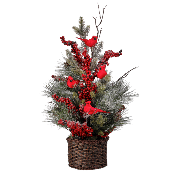 Frosted Red Green Snowy Berry Potted Tree W/Cardinals
