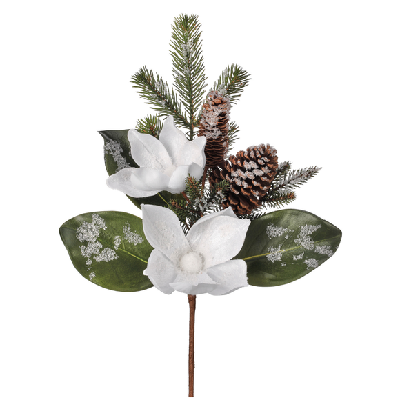 White Snow Snowy Magnolia And Pine With Pine Cone Tree Pick