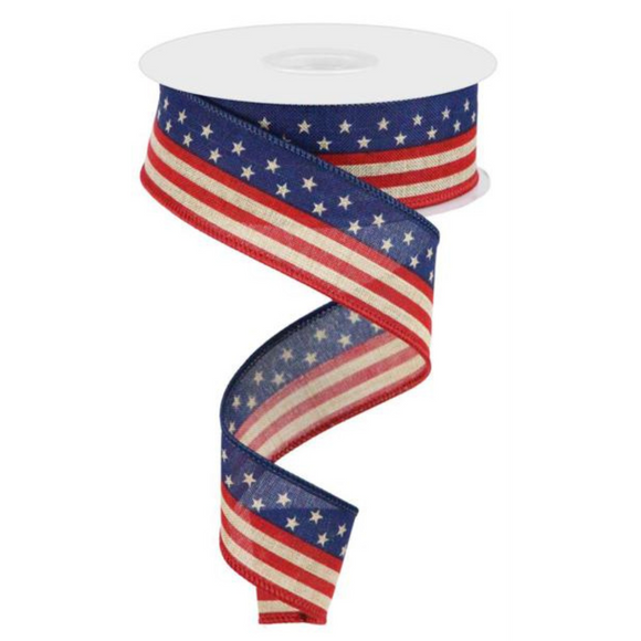 Beige Royal Blue And Red Stars And Stripes On Royal Ribbon