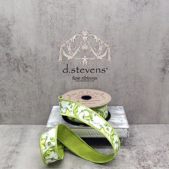 Lime White Taffeta Acanthus Scroll Chinoiserie Ribbon