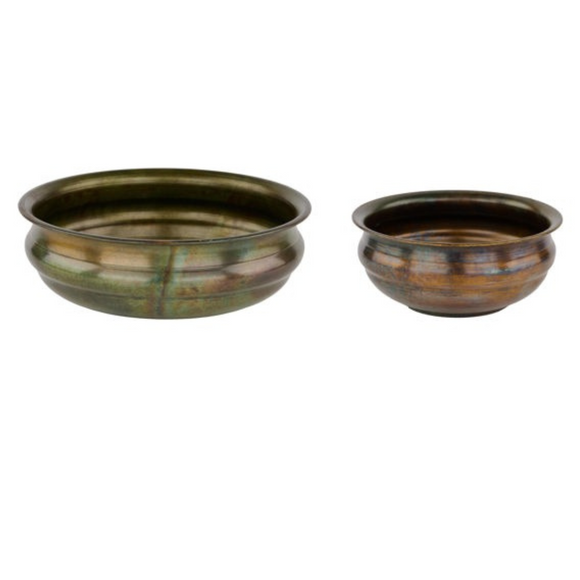 Green Brown Patina Tin Bowl Set of 2