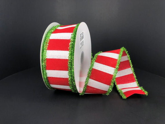 Red White Green Wide Stripe Tinsel Edge Ribbon