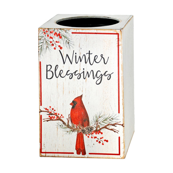 Square white candle holder with a cardinal and the words winter blessings