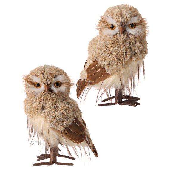 Natural Cream Winter Chalet Feather Owl Two Assorted
