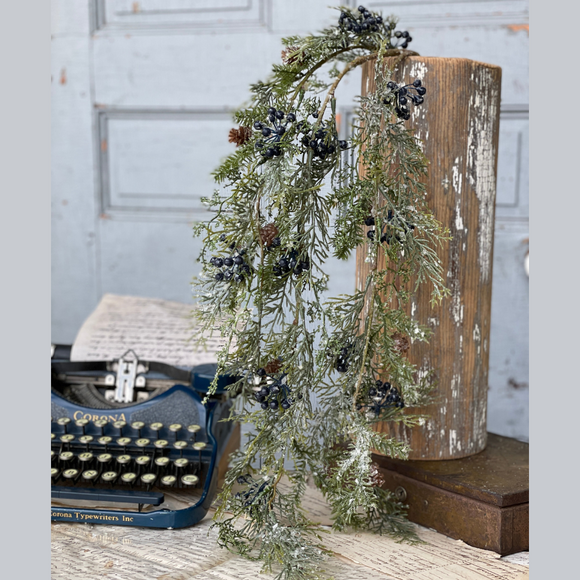 Stems of hanging greenery with blueberries