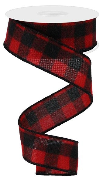 Roll of Red Black Woven Fuzzy Flannel Check Ribbon