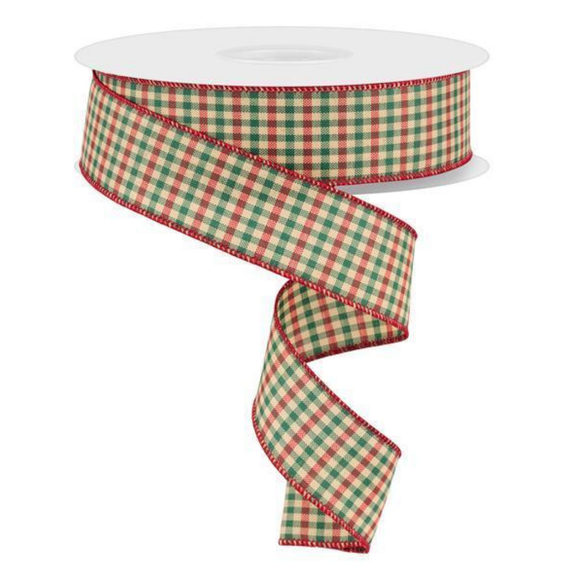 Red Green Beige Woven Mini Gingham Check Ribbon