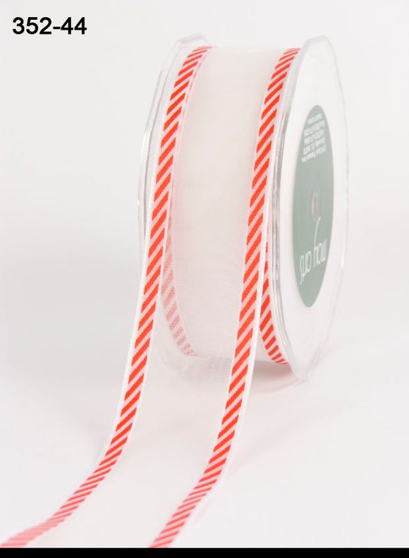 White and Red Sheer Edge Diagonal Stripes Ribbon