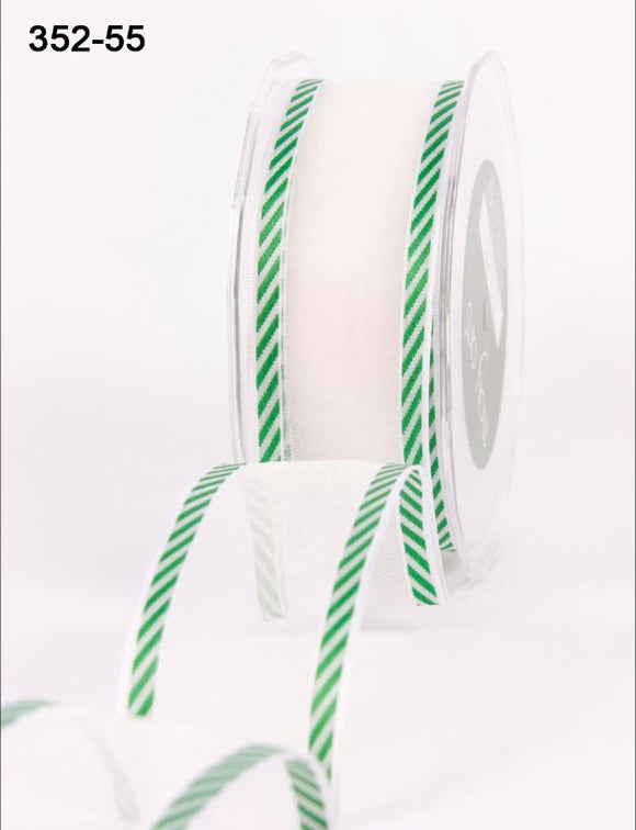 White and Green Sheer Edge Diagonal Stripes Ribbon