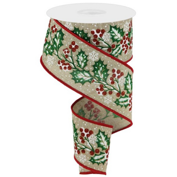 Roll of ribbon with Holly Berries and Snow