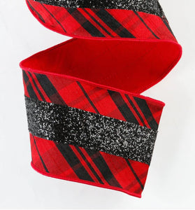 Red and Black With Red Reverse Glittered Plaid Ribbon
