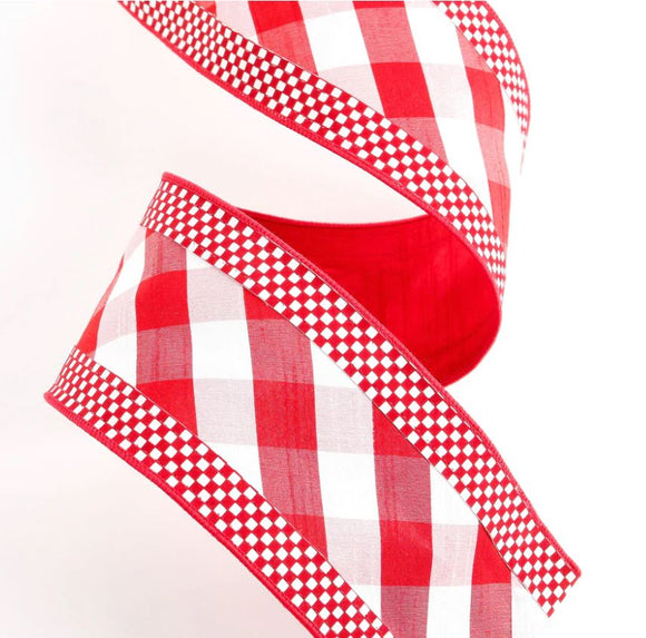 Red Mini Check Border Diagonal Stripe Ribbon