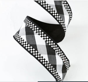 Black and White Mini Check Border Diagonal Stripe Ribbon