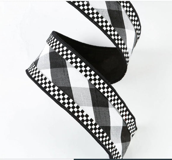 Black and White Mini Check Border Diagonal Stripe Ribbon