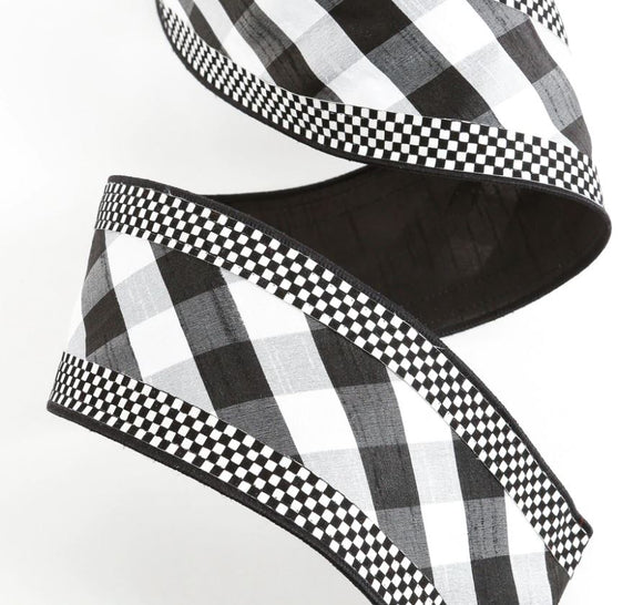 Black and White Mini Check Border Diagonal Stripe Ribbon