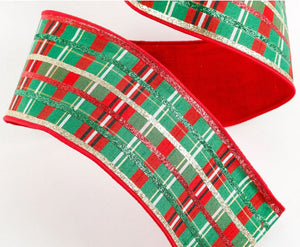 Green White and Red With Red Reverse Striped Ribbon With Glitter Accents