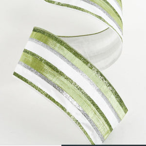 Green and White With White Reverse Metallic Stripe Ribbon