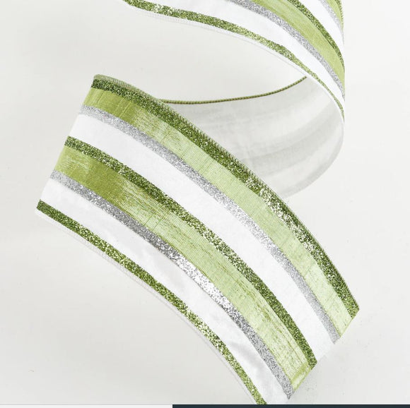 Green and White With White Reverse Metallic Stripe Ribbon