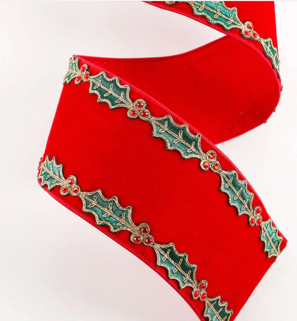Red and Green Velvet Holly Trim Ribbon