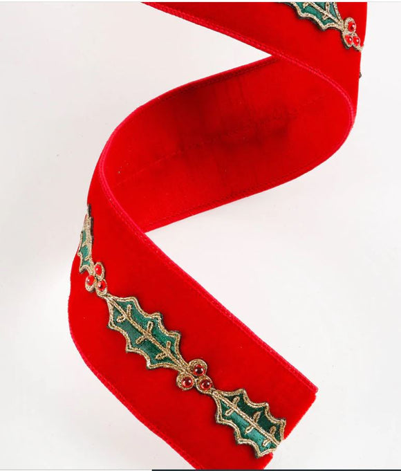 Red and Green Velvet Holly Trim Ribbon