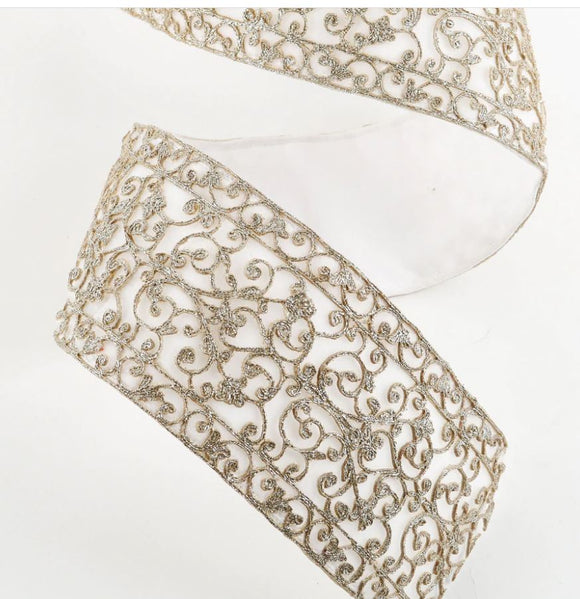 White and Light Gold Velvet Filigree Ribbon