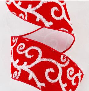 Red and White Velvet Terrycloth Swirl Ribbon