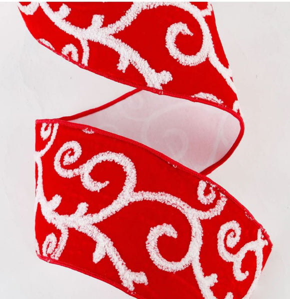 Red and White Velvet Terrycloth Swirl Ribbon