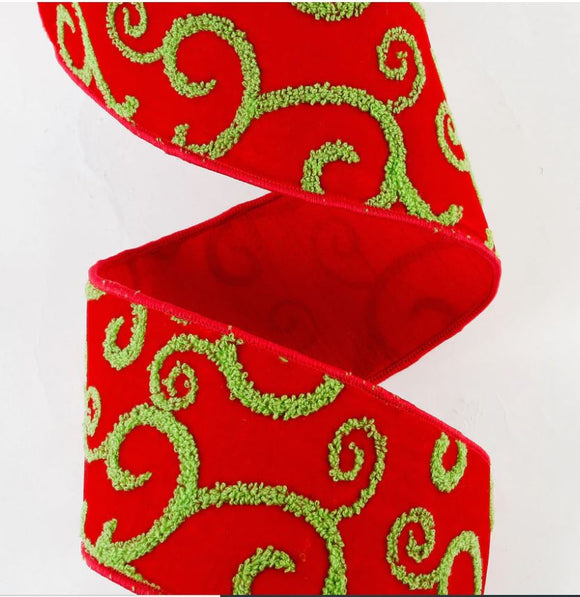 Red and Lime Velvet Terrycloth Swirl Ribbon