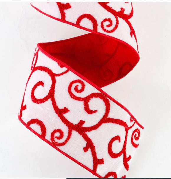 White and Red Velvet Terrycloth Swirl Ribbon