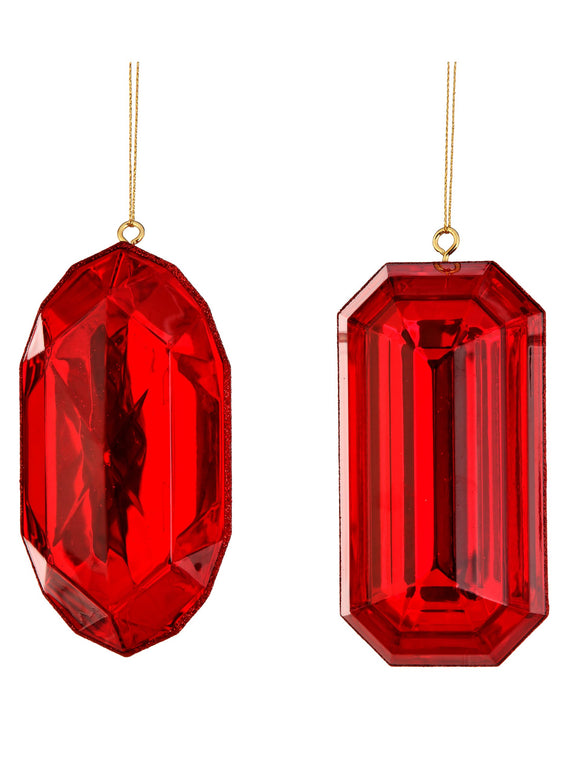 Red Acrylic Rectangular Oblong Precious Gem Ornament Set Of 2