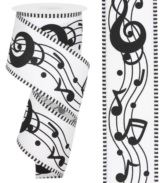 Roll of ribbon with black musical notes on white background