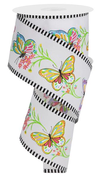 Roll of ribbon with colorful butterflies on a white background with black striped edging
