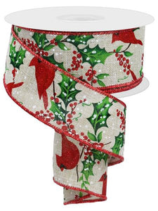 Roll of cardinal and holly berries ribbon