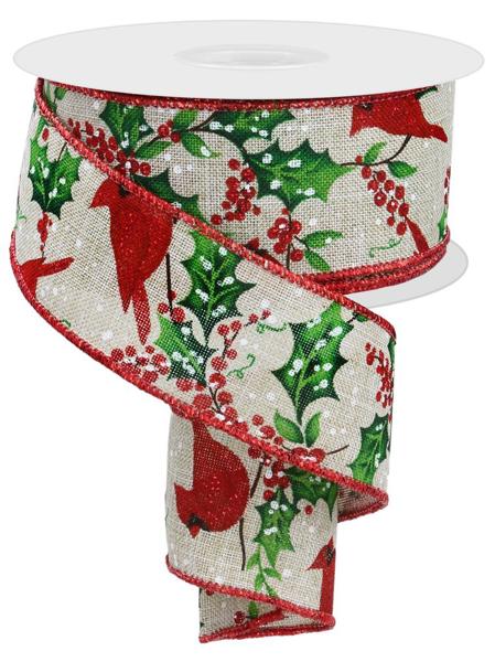 Roll of cardinal and holly berries ribbon