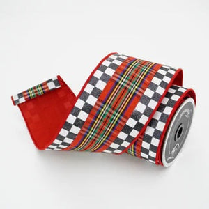 Roll of black and white and red plaid and check ribbon