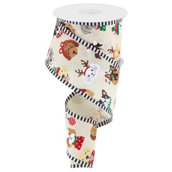 Roll of ribbon with Christmas Dogs and stripes