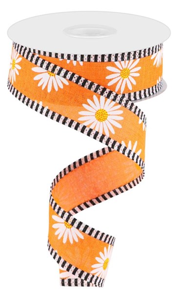 Roll of ribbon with white daisies on orange background with black and white striped edges
