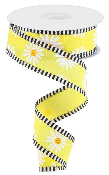 Roll of ribbon with white daisies on yellow background with black and white striped edges