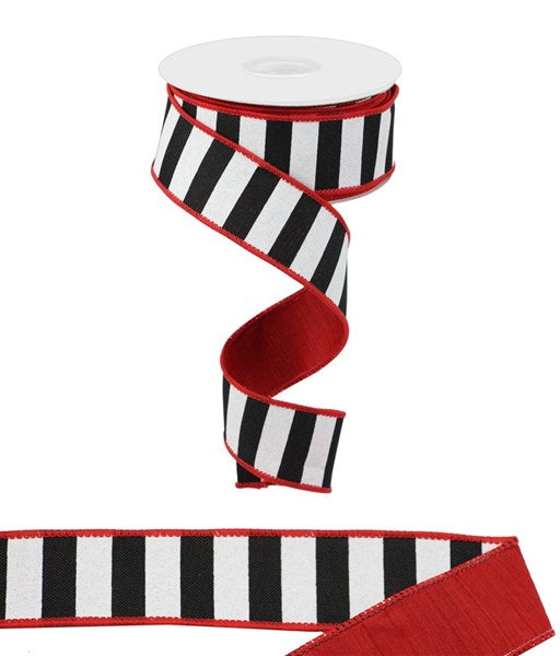 Black and white striped ribbon with red edges