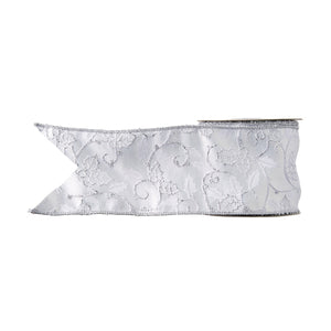 White and Metallic Embroidered Holly Wired Ribbon  