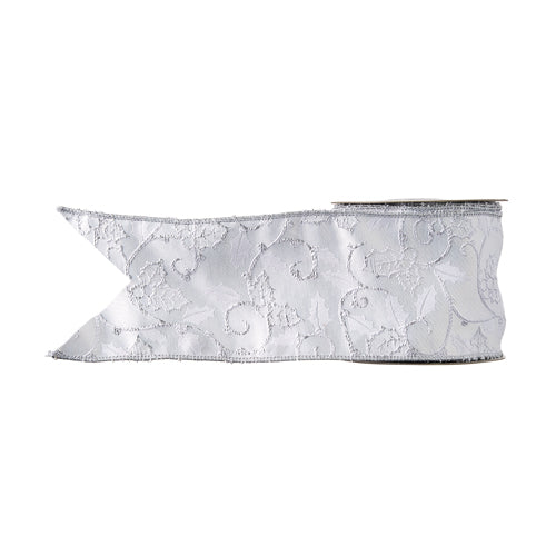 White and Metallic Embroidered Holly Wired Ribbon  
