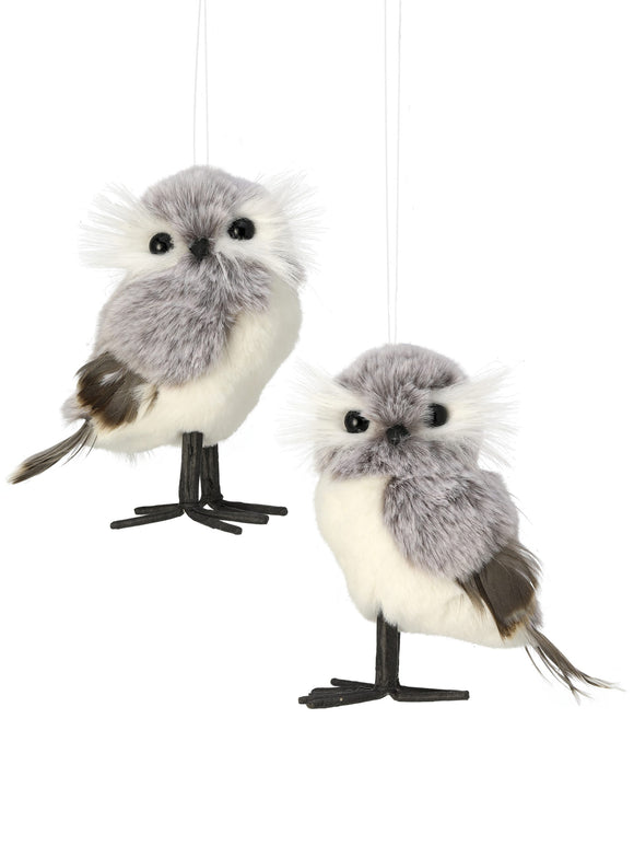 Grey White Fur With Feather Winter Owl Ornament Set Of 2 Assorted