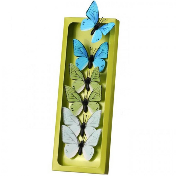 Box of six blue and green butterflies