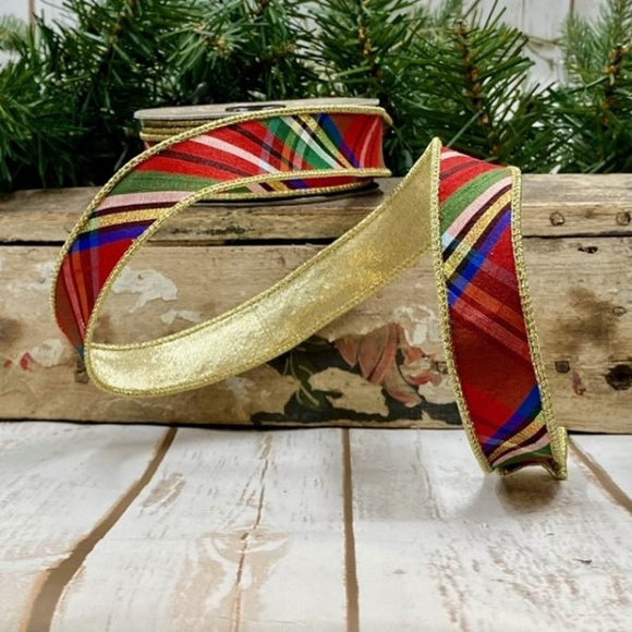 Roll of Blue Gold Red Faux Dupion Diagonal Nutcracker Plaid Ribbon (NO TWO ALIKE)