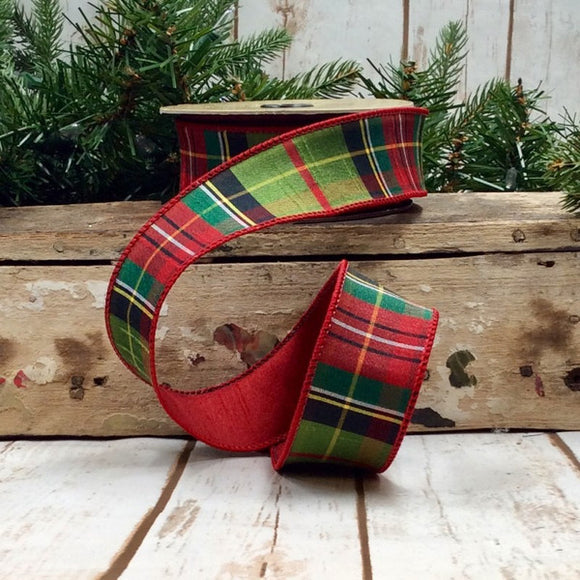Roll of Red Back Moss Green Faux Dupion Traditional Tartan Ribbon