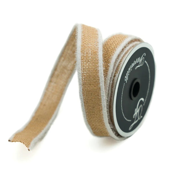 Roll of burlap ribbon with white edges