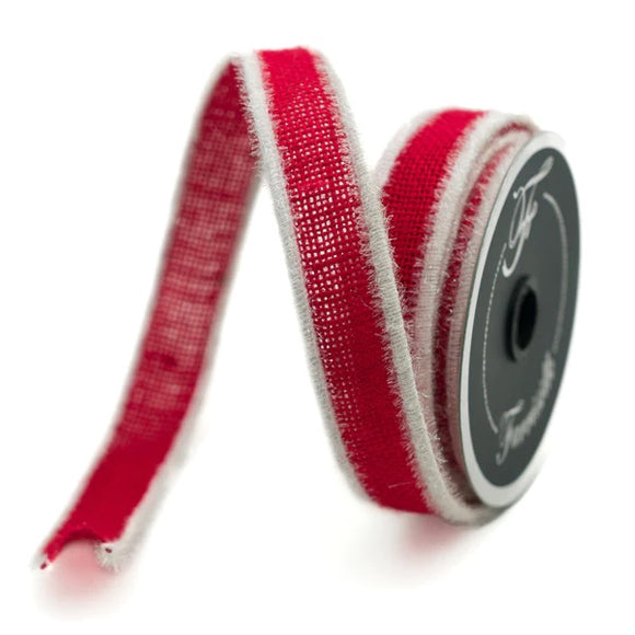 xxx Roll of burlap ribbon in red with white edges