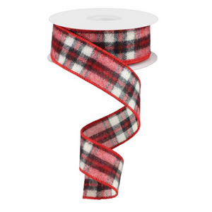 Roll of Red Black and White Fuzzy Woven Plaid Ribbon