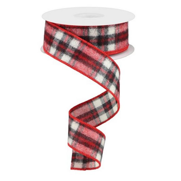 Roll of Red Black and White Fuzzy Woven Plaid Ribbon