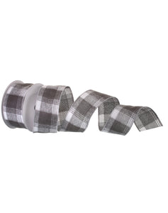 Grey White Grey Flannel Plaid Wired Ribbon 